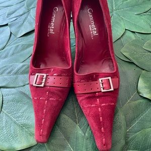 Red Suede Gunmetal Pumps